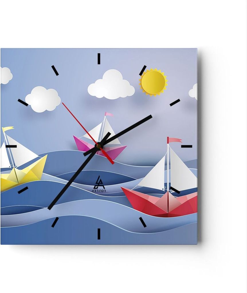 Wanduhr - Quadrat - Glasuhr - Origami boot meer himmel - 30x30cm - Schleichendes Uhrwerk - Lautlos - zum Aufhängen bereit - Dekoration Modern - Wa...