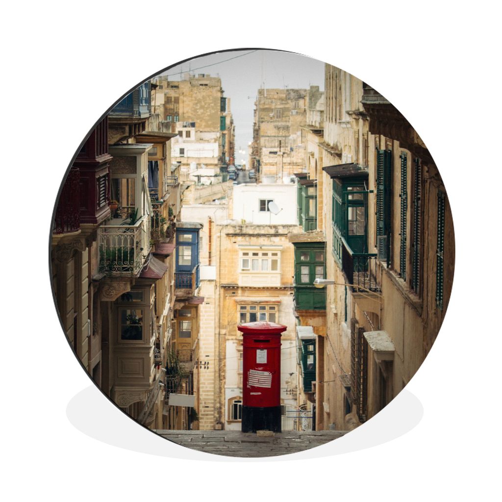 MuchoWow Aluminium Wandkreis Roter Briefkasten in Valetta Ø 60 cm Wanddeko Modern Wohnzimmer - Wand Kreis - Wandbild - Schlafzimmer - Aluminium ...