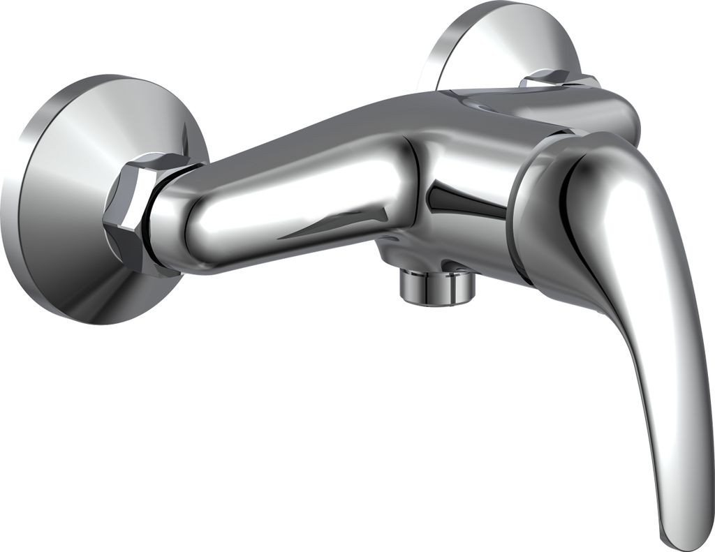 A chrome shower faucet is shown against a white background.