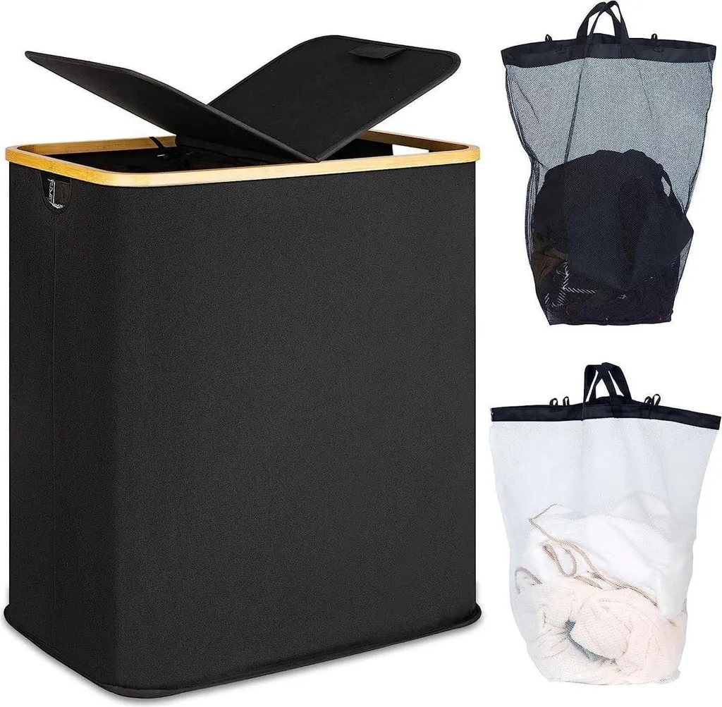 Panier à linge 140L Noir à 2 compartiments et sacs de transport amovibles