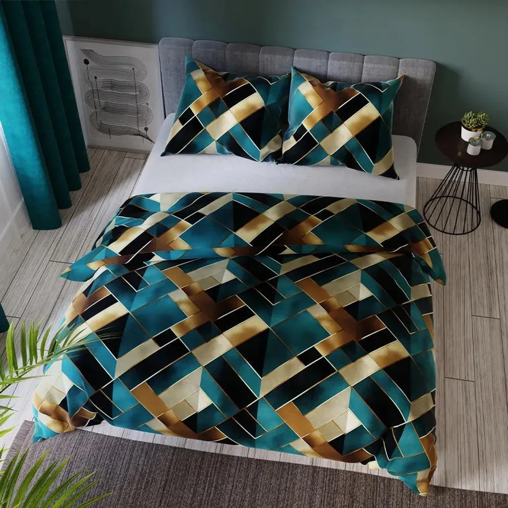 Set Biancheria RUBIK 220x200 Raso Cotone Turchese Oro | Alta Qualità