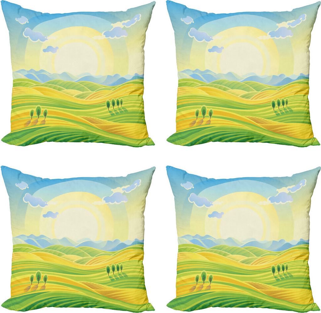ABAKUHAUS Land Kissenbezug Set (4 Stück), Sunny Landwirtschaftliche Landschaft, Moderner Doppelseitiger Digitaldruck, 60 cm x 60 cm, Gelbgrün
