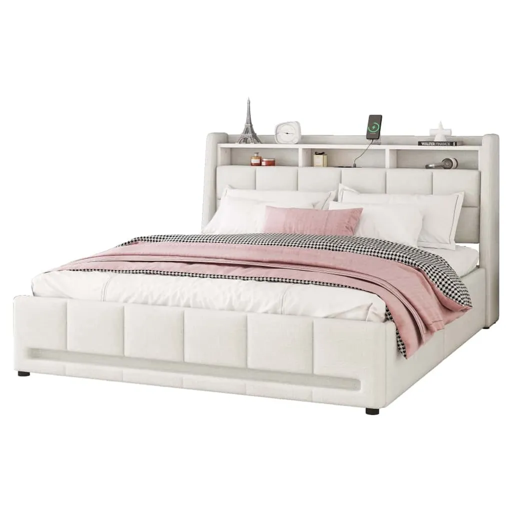 Lit avec rangement 160x200cm beige pour optimiser l'espace et le confort - 9
