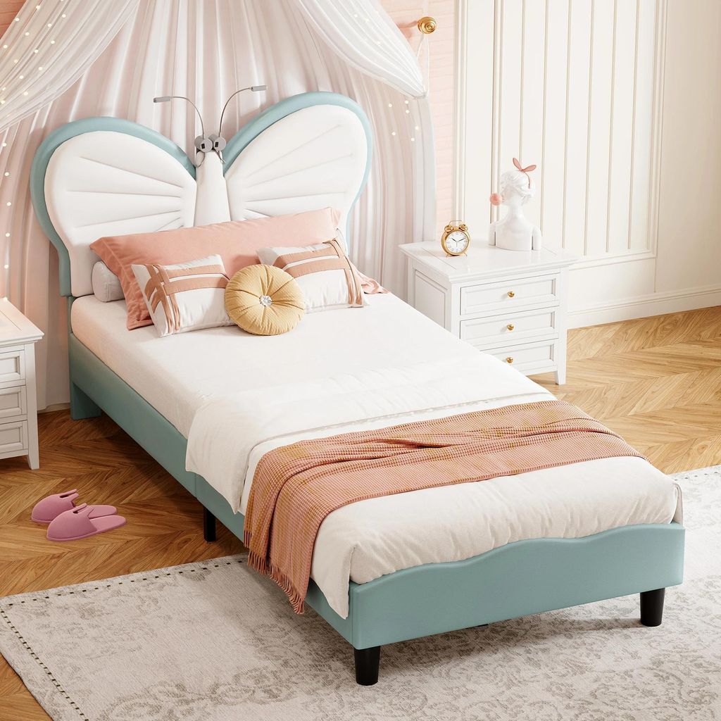 Kinder Einzelbett 90x200 cm - Polsterbett - Mit Lattenrost - Holz Metall Gestell - Belastbar 120-200 kg - Ohne Matratze - Design Bed 18