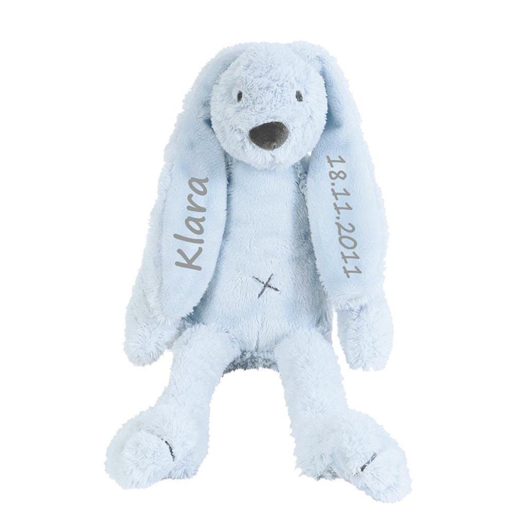 Stofftier Hase mit Namen und Geburtsdatum personalisiert Geschenk hellblau.Größe:40cm