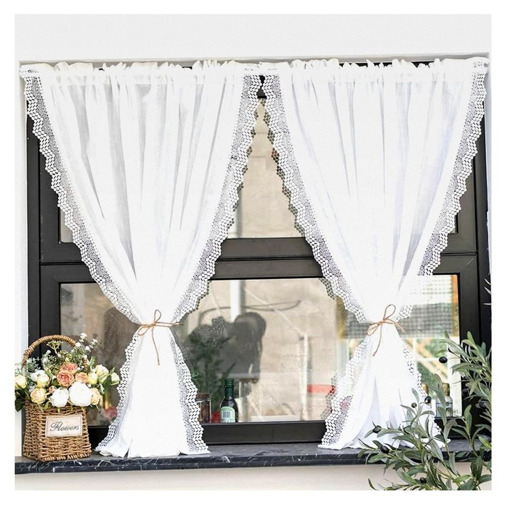 Scheibengardine in Leinenoptik mit zarten Wellenkanten für Küche, Wohnzimmer, Balkon im Landhausstil, Stangendurchzug, 1 Stück, Weiß, BxH 80x120cm