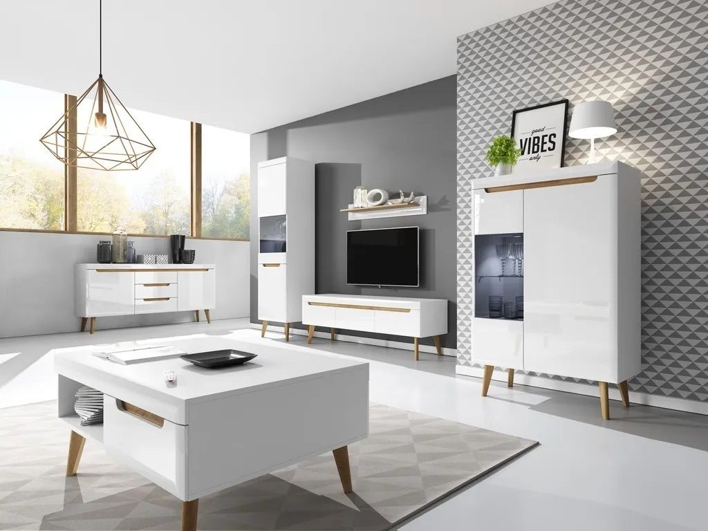Wohnzimmer-set NORDI 1 TV-Schrank +Kommode + 2xVitrinen + Wandregal + Couchtisch Weiß / Weiß Hochglanz / Eiche Riviera