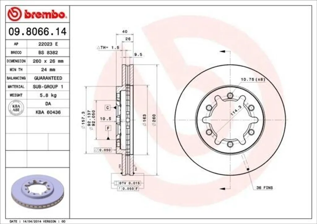 Brembo 09.8066.14 Disque de Frein Avant pour Nissan Pick-up D22 OE