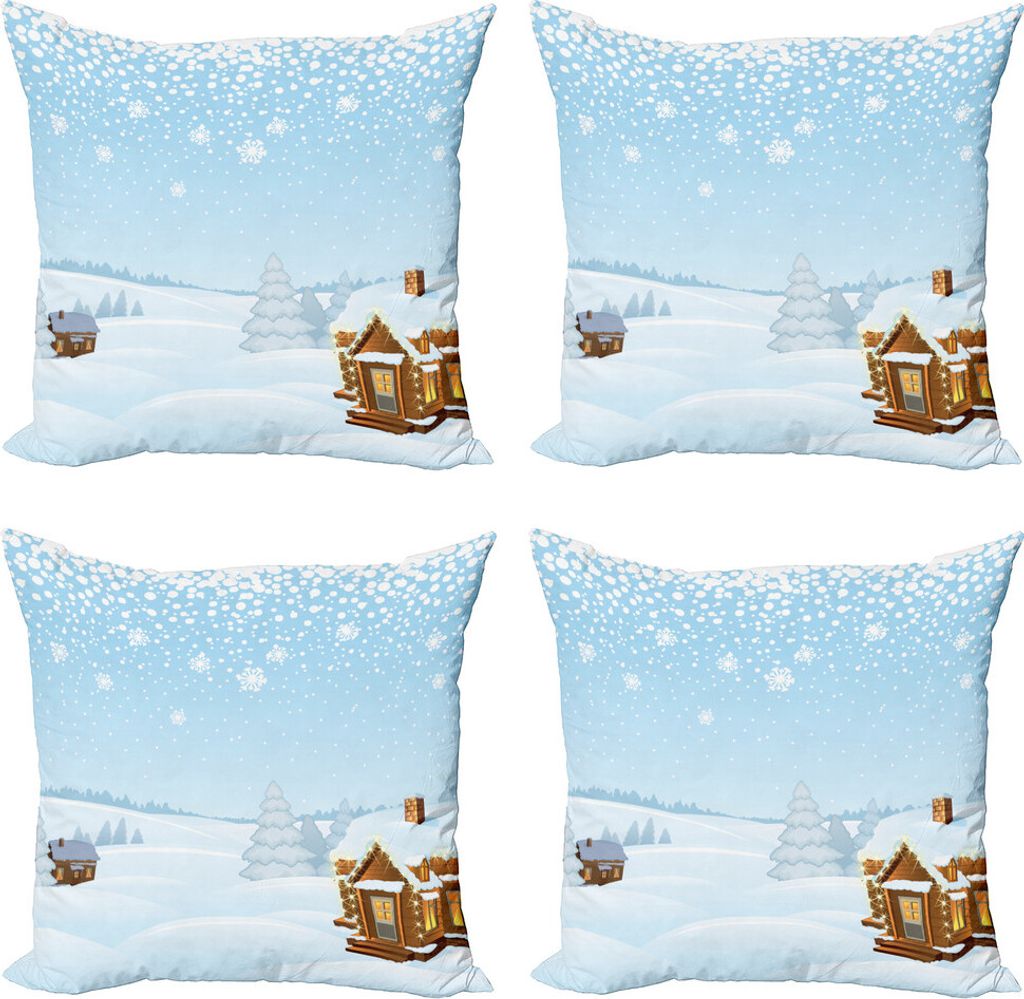 ABAKUHAUS Blockhaus Kissenbezug Set (4 Stück), Snowy-Tag in der ländlichen Ort, Moderner Doppelseitiger Digitaldruck, 60 cm x 60 cm, Baby Blue un...