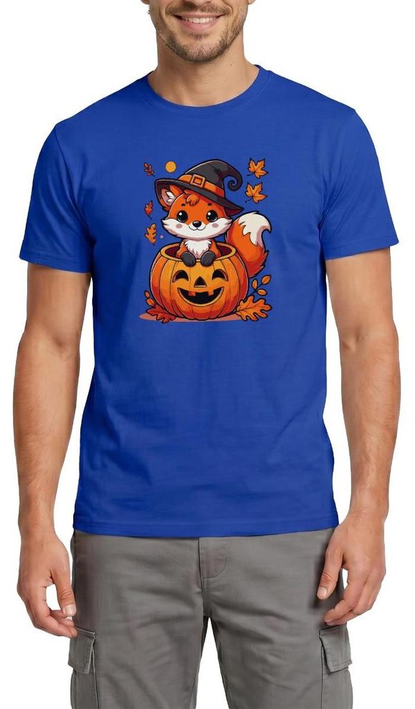 Spreadshirt Süßer Halloween Fuchs Im Kürbis Mit Hexenhut Männer T-Shirt, S, Dunkelblau