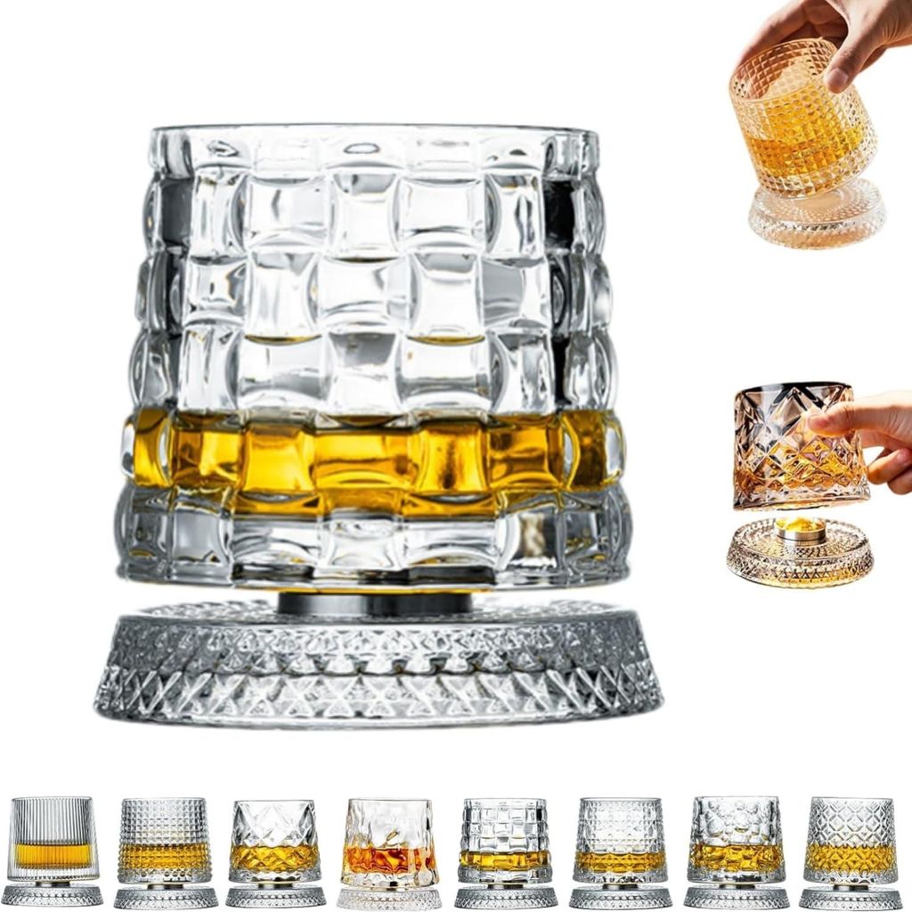 Drehbarer Kristallbecher(D), Wasser-/Bierglas, 280 ml, mit Leuchtender Kristall-Untersetzer,als Cocktailglas oder Kaffeetasse verwendbar,Geschenk