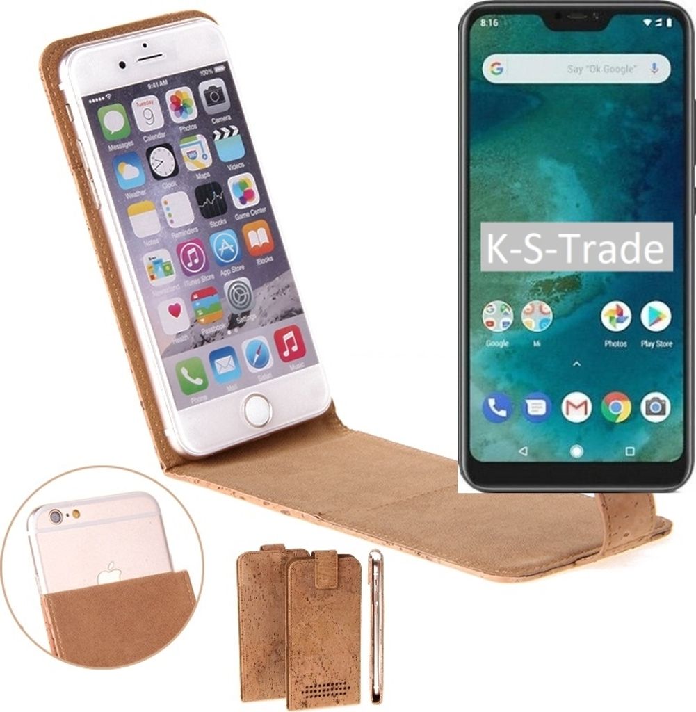 K-S-Trade Handy Hülle kompatibel mit Xiaomi Mi A2 Lite Kork-Hülle Flipstyle Case Schutz Hülle Kork Case Hülle Flip cover Klapphülle Tasche, braun