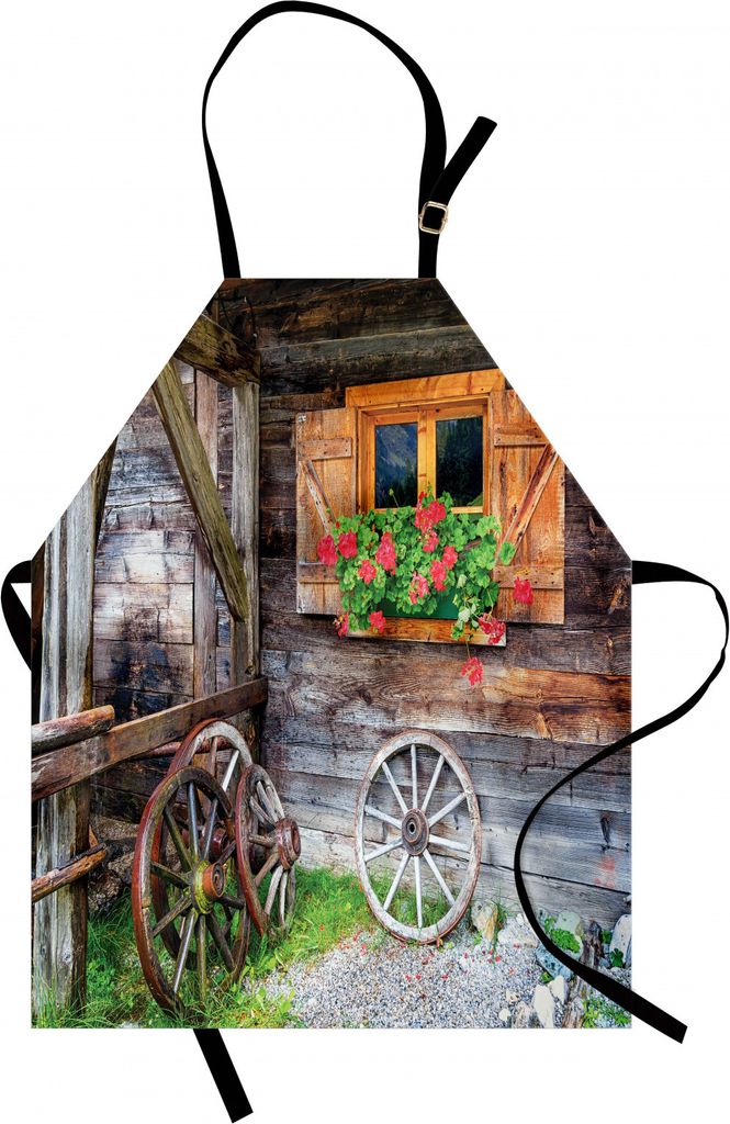 ABAKUHAUS Fensterläden Kochschürze, Verwittertes Fenster mit Blumen in der Topf-Rad-Bauernhaus-ländlichen Szene Front View, Höhenverstellbar Ma...