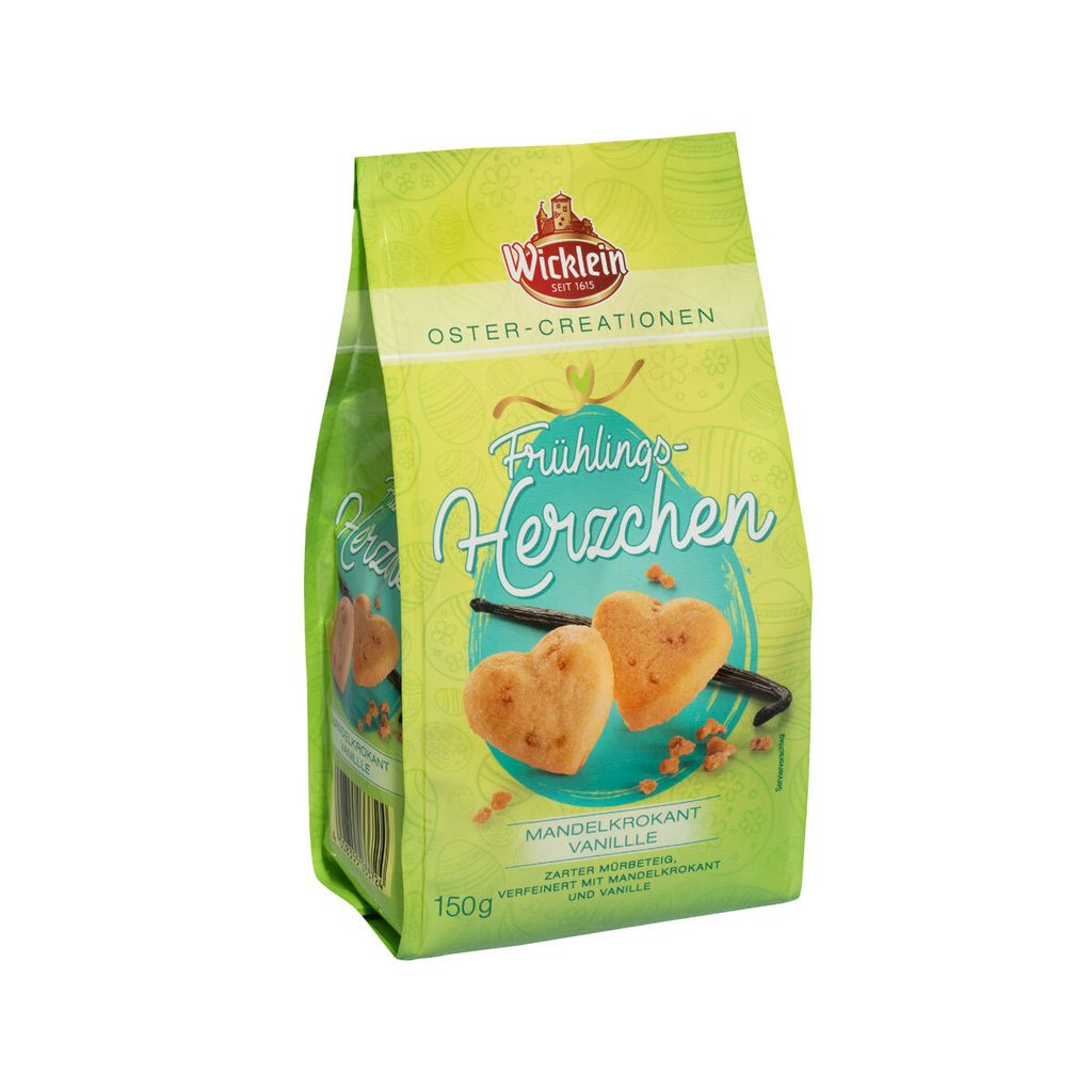 Wicklein Frühlingsherzchen Mandelkrokant mit feiner Vanille 150g