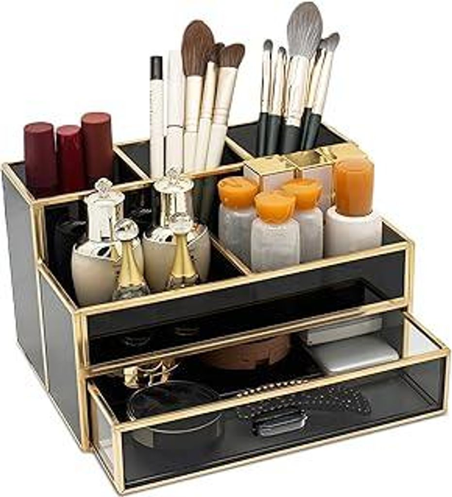 HARLIANGXY Make up Organizer mit Schubladen, Kosmetik Organizer, Multifunktion Schminktisch Organizer, Pinselhalter aus Glas, Schminke Aufbewahrung...