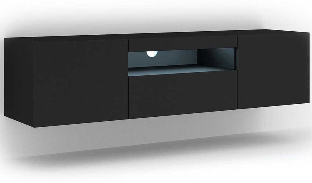 Armoire TV Aura 150 cm Tapis noir avec LED Suspendu ou Image du produit 