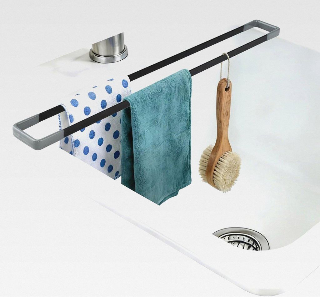 Spülbecken Organizer 43cm - Abtropfgitter & Spüllappenhalter aus Metall - Multifunktionaler Spülenhalter für Schwämme, Lappen & Bürsten - Pla...