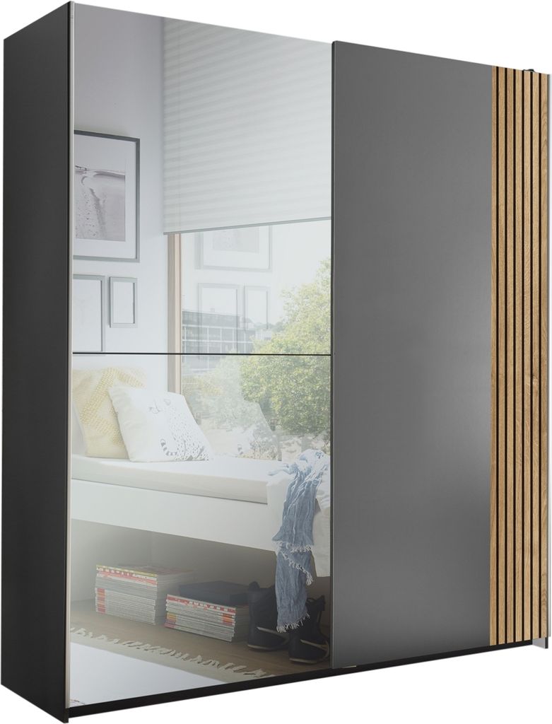 Schiebetürenschrank >Berno< 2 Türen, Grau / Spiegel / Eiche Nachbildung - 170x195,5x57,2cm (BxHxT)