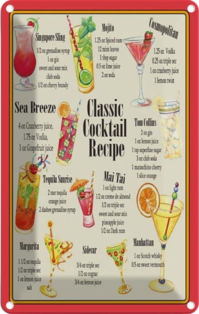 vianmo Blechschild 18x12 cm Alkohol Classic Cocktail Recipe Produktbild 