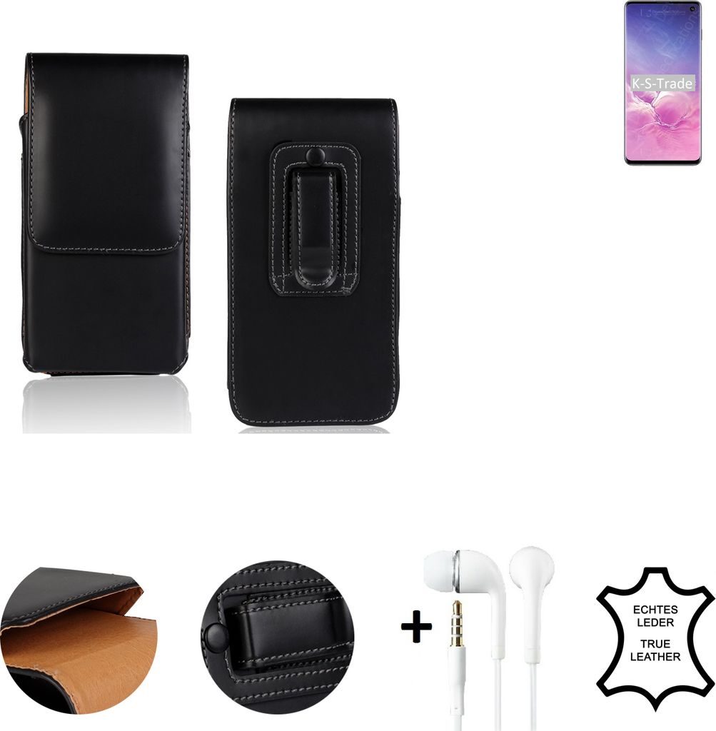 K-S-Trade Leder Gürtel Tasche + Kopfhörer kompatibel mit Samsung Galaxy S10 Exynos Seitentasche Belt pouch Holster Handy-Hülle Gürteltasche