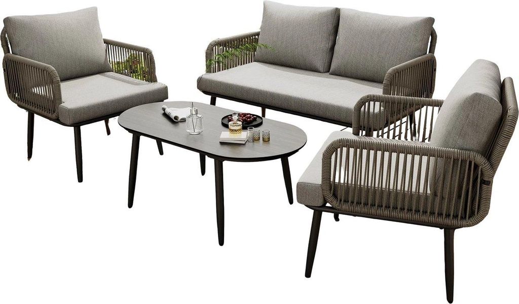 Loungeset für Garten, Terrasse & Balkon – 4-teiliges Gartenmöbelset mit handgeflochtenem Design & Houtnerflook – 2-Sitz Sofa, 2 Sessel & Tisc...