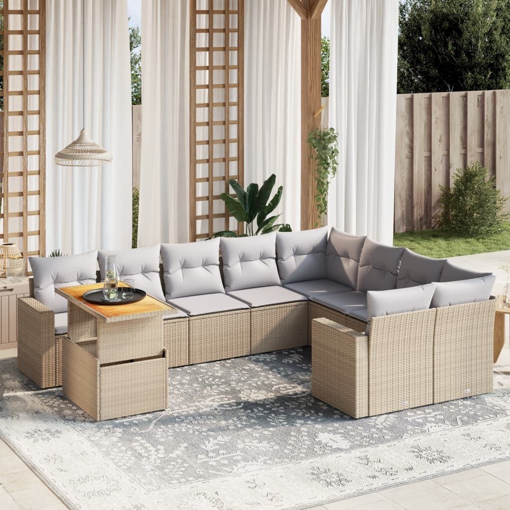 "Rabatt" 10-tlg. Garten-Sofagarnitur - mit sofa - mit Kissen Beige Poly Rattan - Lounge-Dining set CC10616