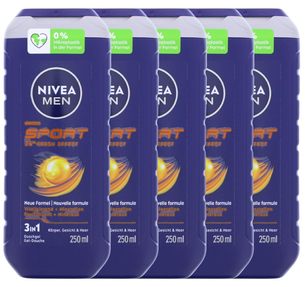 5 x NIVEA MEN Sport je 250ml Pflegedusche 3in1 Duschgel für Männer