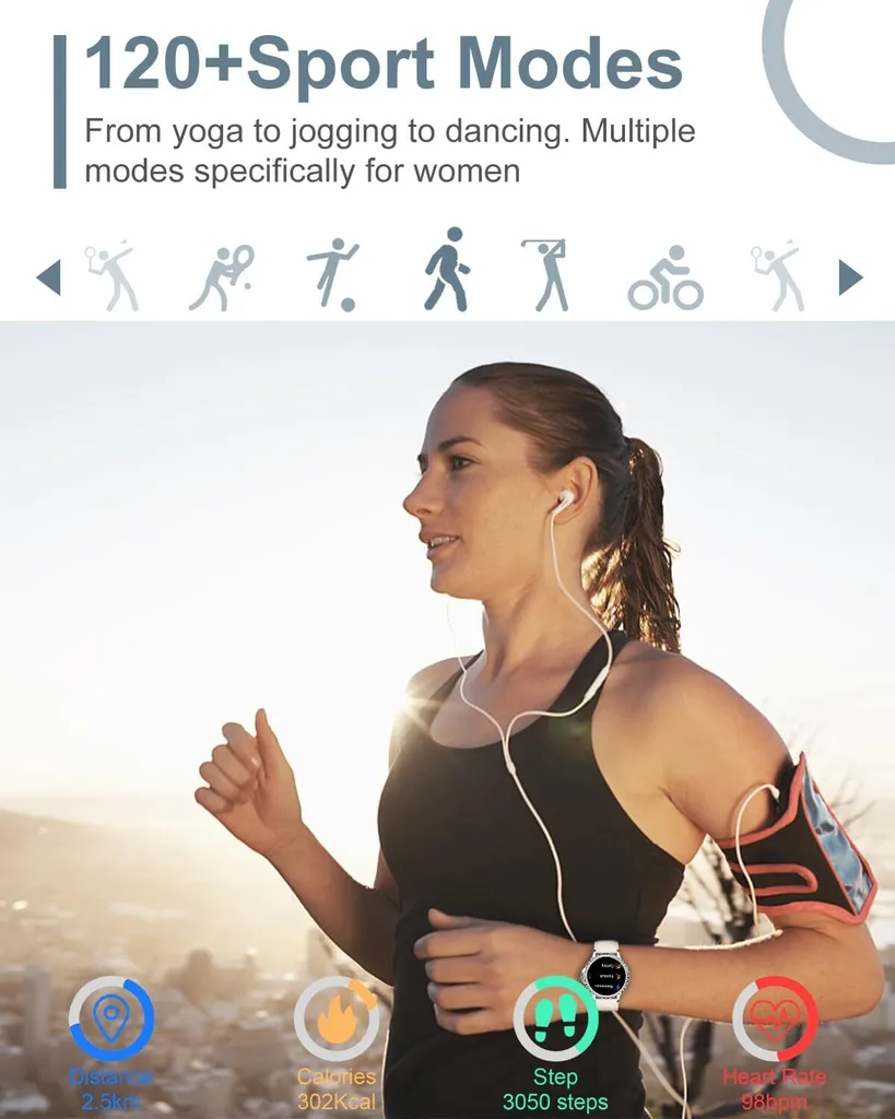 con funzione telefono, touchscreen HD da 1,3" con misurazione della frequenza cardiaca e della pressione sanguigna, monitoraggio del sonno e del ciclo mestruale, 120+ modalità sportive, orologio fitness IP68 - 5