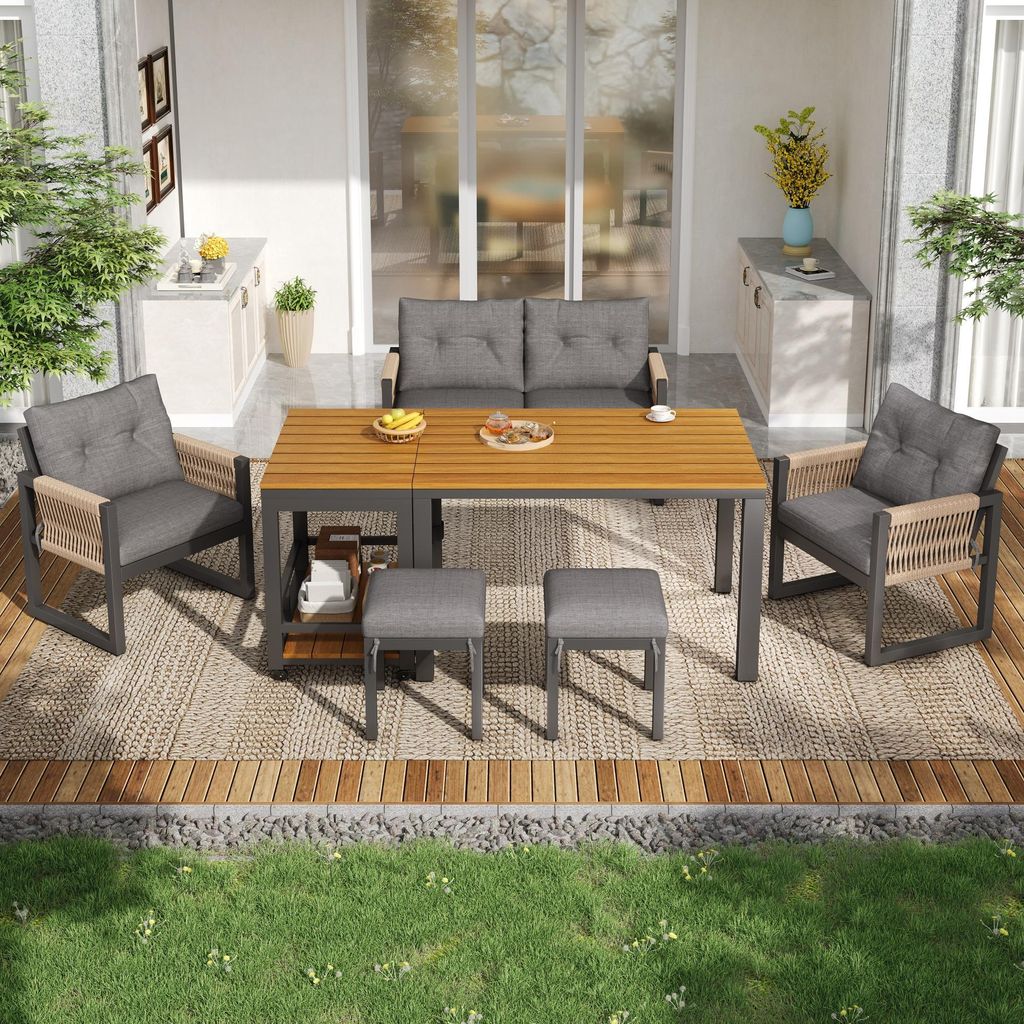 6-teilig Eisengestell & Seilgeflecht Gartenmöbel-Set Sitzgruppe Lounge-Set für 6 Personen mit 150cm Esstisch & Sitzkissen Grau Natur