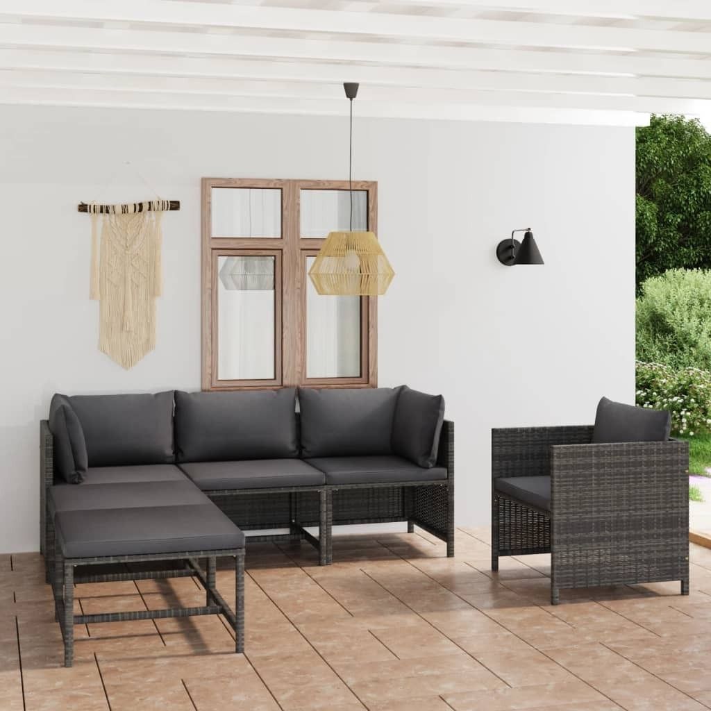 The Living Store 6-tlg. Garten-Lounge-Set mit Kissen Poly Rattan Grau