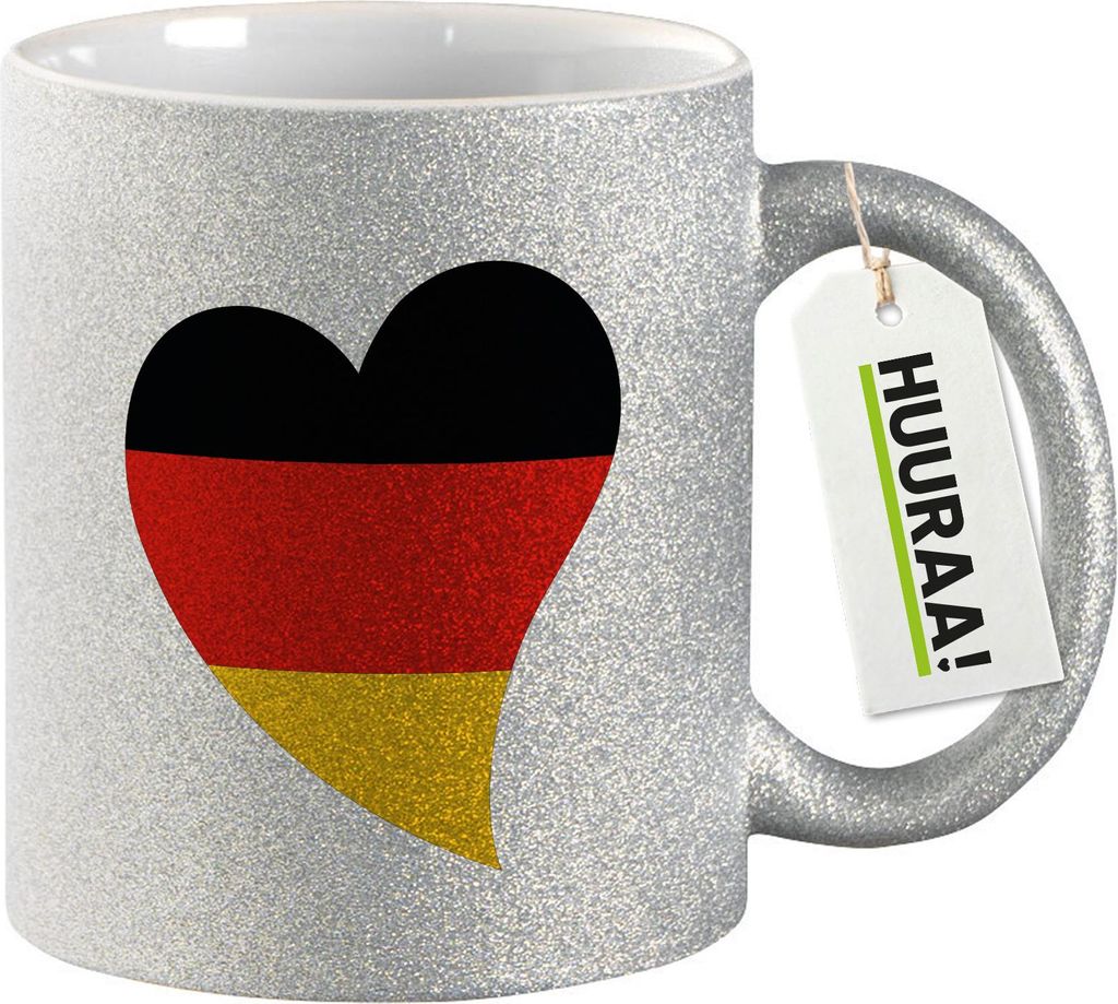 Huuraa Glitzertasse Deutschland Flagge Herz 330ml Silber Keramik Kaffeebecher Geschenkidee