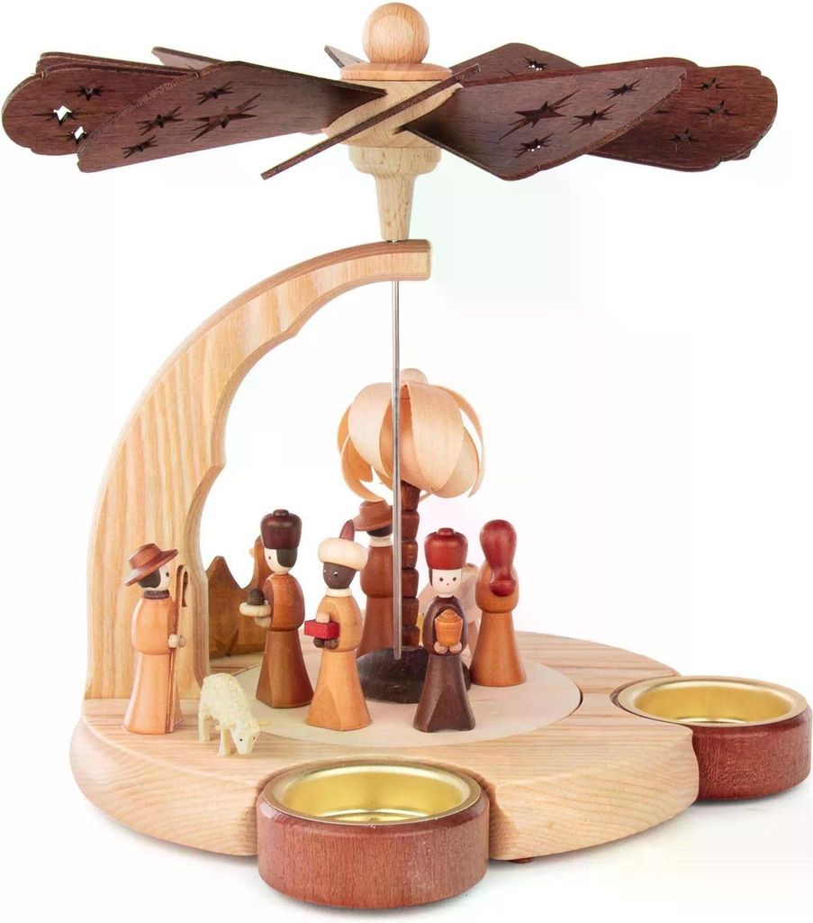 Teelichtpyramide mit Christi Geburt, dunklem Flügelrad und naturfarbenen Figuren BxHxT 21,5x20x20cm NEU