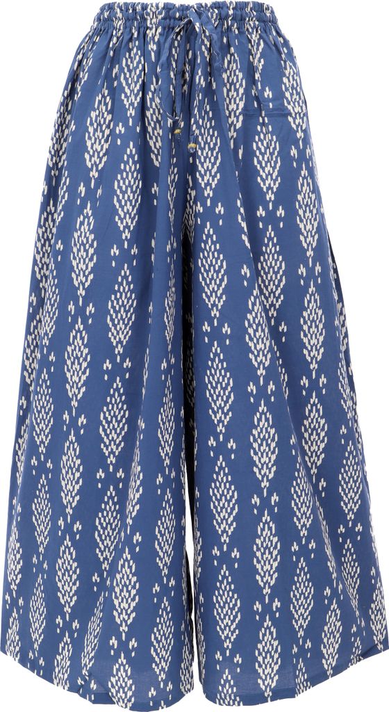Palazzohose, Hosenrock, Baumwollhose mit Handgefertigtem Druck - Indigo, Damen, Blau, Baumwolle, Größe: S