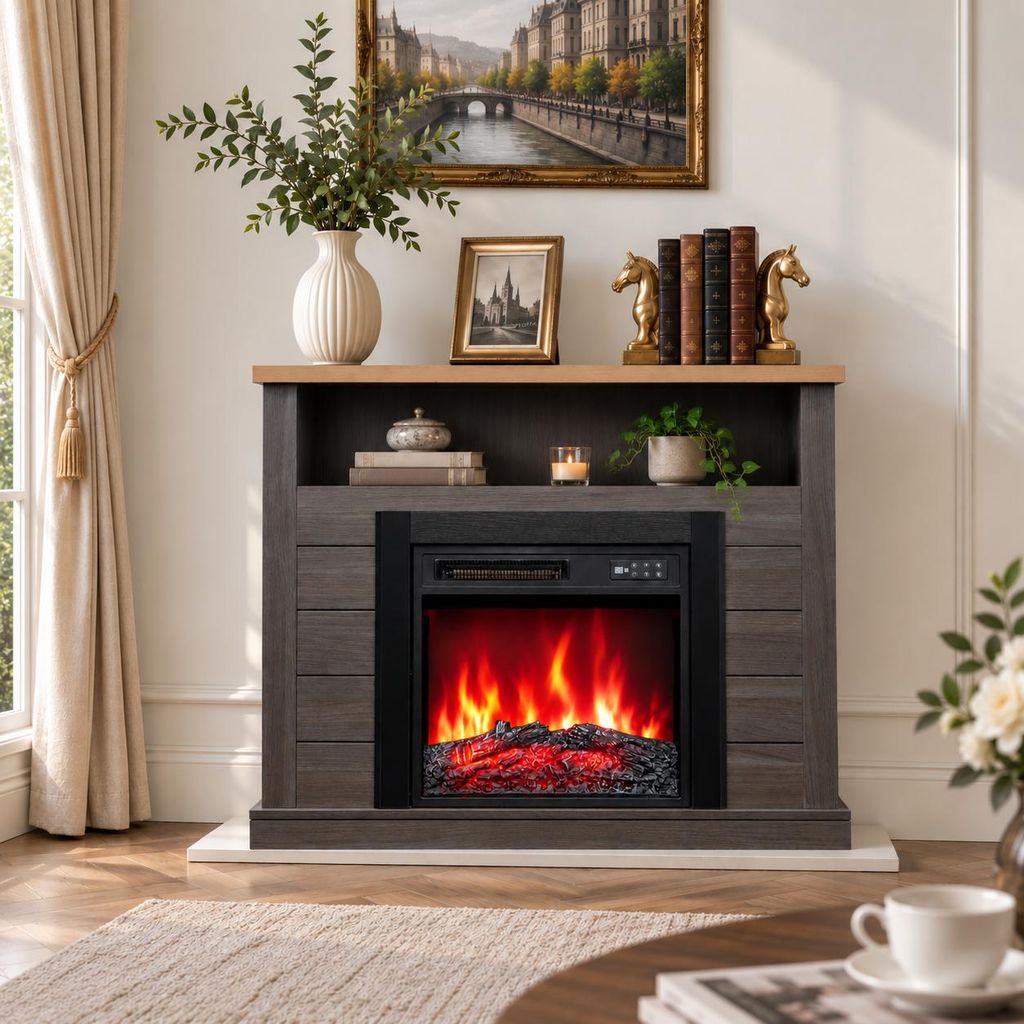 HOMAVO 18 inch elektrische haard in grijs met haardmeubel Productafbeelding  AI-gegenereerde afbeelding