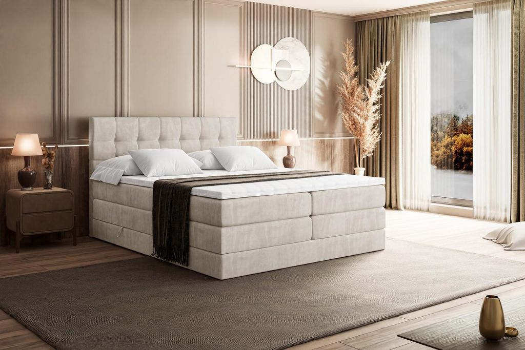ALTDECOR Boxspringbett mit Matratze und Lattenrost - BERO KING 180x200 cm - Beige Samt - Topper, Polsterbett mit Bettkasten, Bett mit Stauraum H3 -...