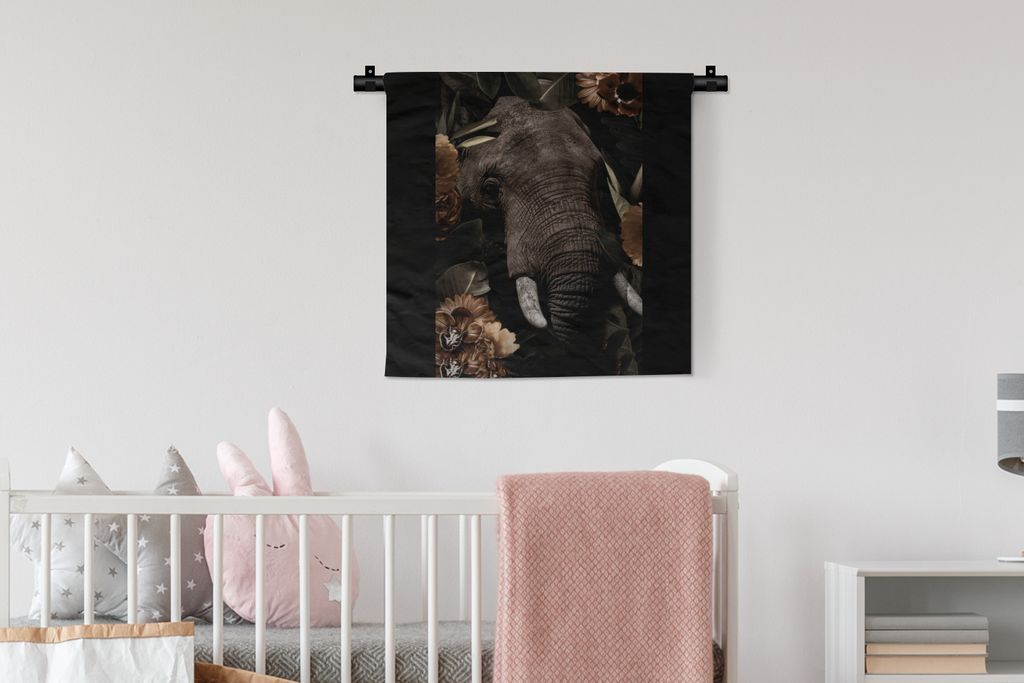 MuchoWow Wandteppich Wandbehang Elefant - Tiere - Blumen - Blätter 60x60 cm Tapisserie Dekoration Wandtuch - Dekorationen - Wand Decke