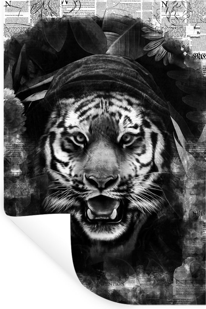 MuchoWow Wandtattoo Wandsticker Wandaufkleber Tiger mit einer Kapuze auf einem Hintergrund von Zeitungen - schwarz und weiß 60x90 cm Selbstklebe...