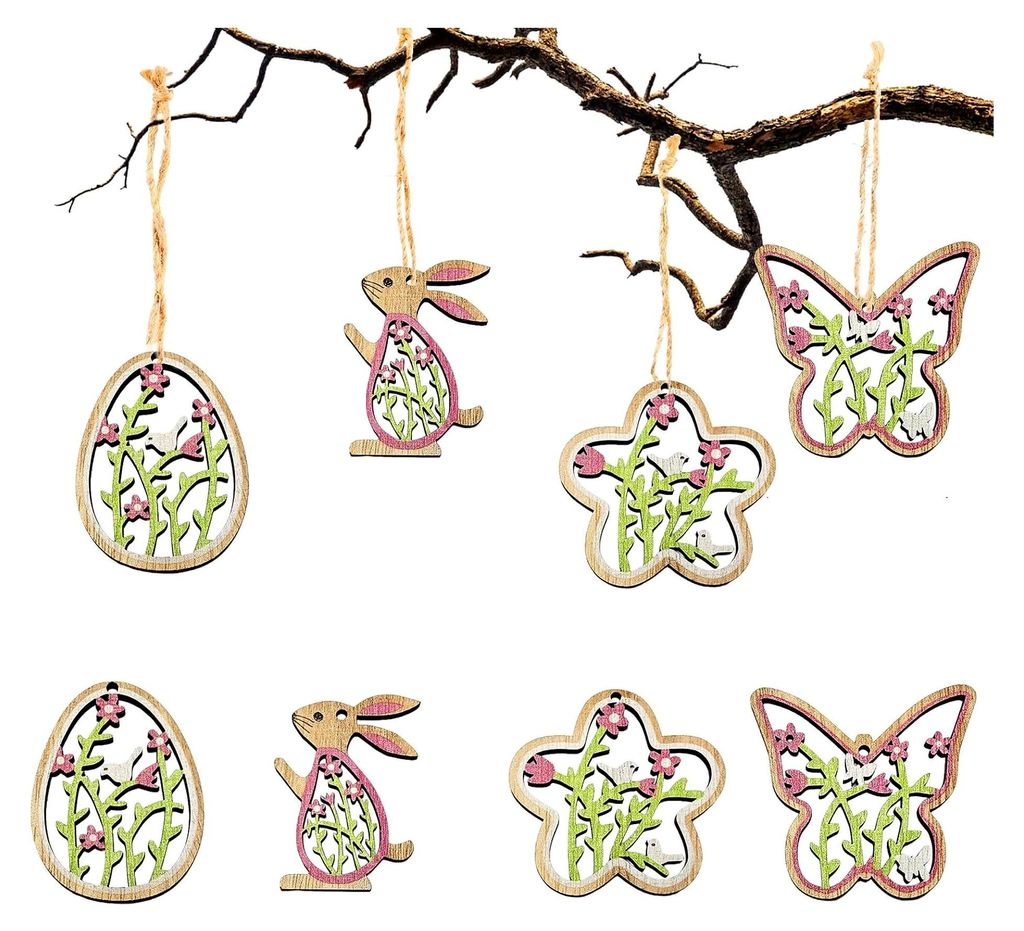 17 Stück Holzanhänger für Ostern, Frühlingsdeko mit Hasen, Ostereiern, Schmetterlingen und Blumen, Dekoration für Ihr Zuhause