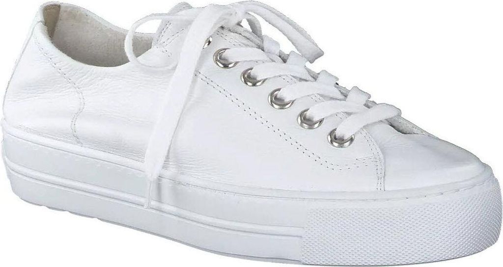 A white leather sneaker with a platform sole is shown from a side angle against a white background.