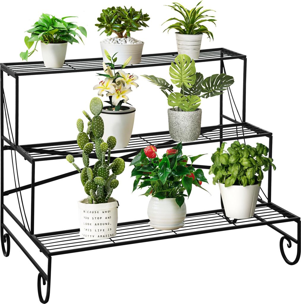 Blumenständer Blumenregal aus Metall 3 Stufen Pflanzenregal Blumentreppe für innen und außen Garten Balkon Schwarz 95 x 63 x 72 cm