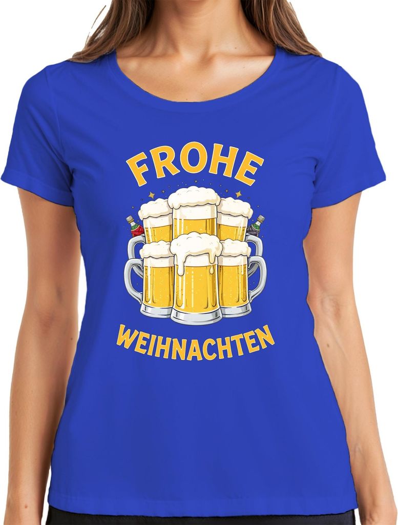 FROHE WEIHNACHTEN Weihnachtsbier Bierkrug Bierliebhaber Geschenk Damen T-Shirt, Blau, S