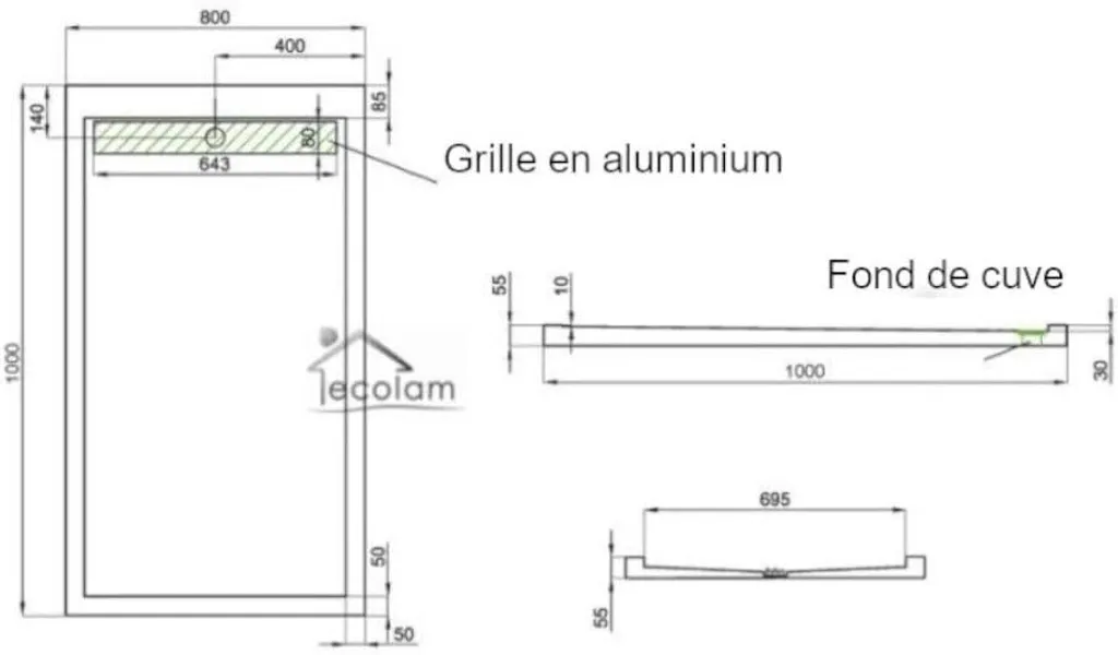 Bac à douche rectangulaire 100x80 cm extra-plat avec kit d'évacuation