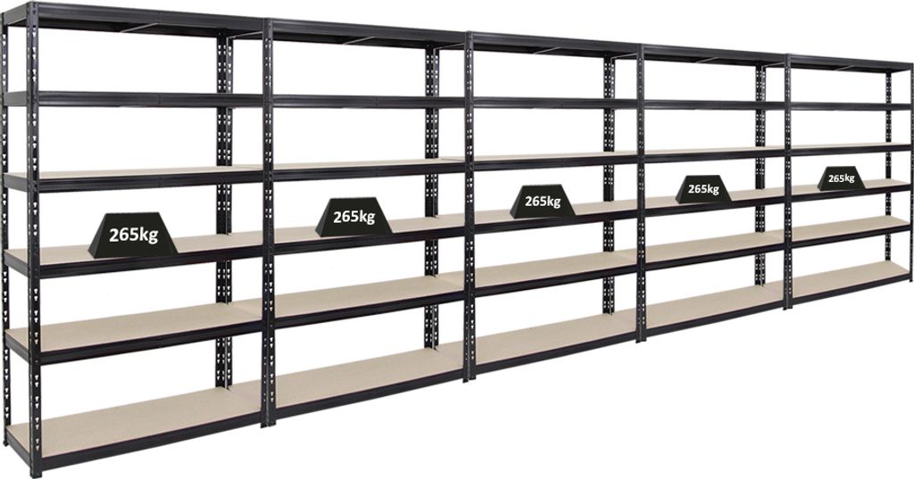 Mega Deal | 5x Schwerlastregal Giant Tiger | HxBxT 200x120x40cm | Fachlast 265kg | 6-Ebenen | Schwarz | Garagenregal, Lagerregal, Steckregal, Kelle...