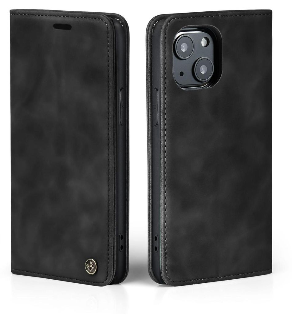 A black flip case for an iPhone 13 is shown from two angles.