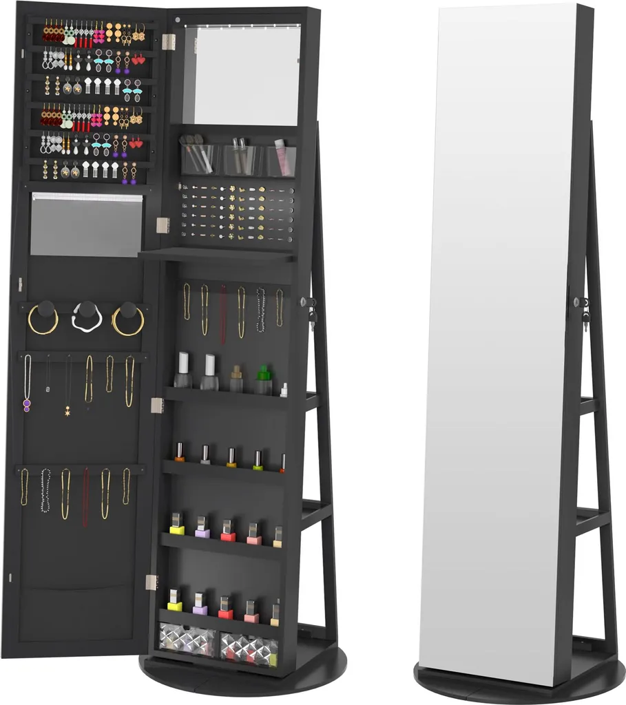 Miroir Armoire à Bijoux sur Pied Noir avec Rangement Cosmétique 3 en 1