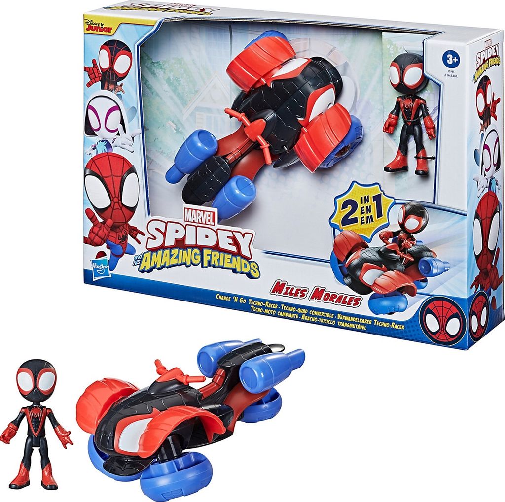 Product packaging for a Spidey and His Amazing Friends toy set featuring Miles Morales.