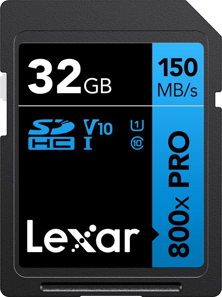 A Lexar 32GB SDHC 800x Pro memory card.