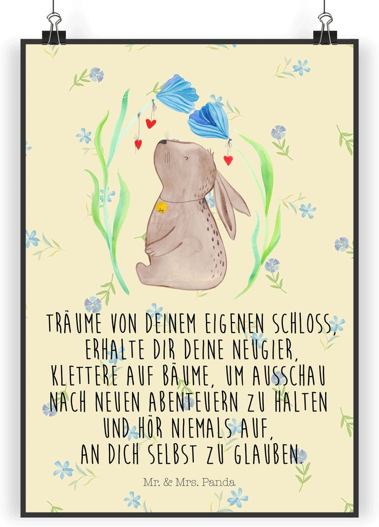 Mr. & Mrs. Panda Bild Hase Blume DIN A4 - Blumig - Geschenk, Kunstdruck, Träume, Deko, Schwangerschaft, Kaninchen, Geburtstag, Wanddekoration, Tau...