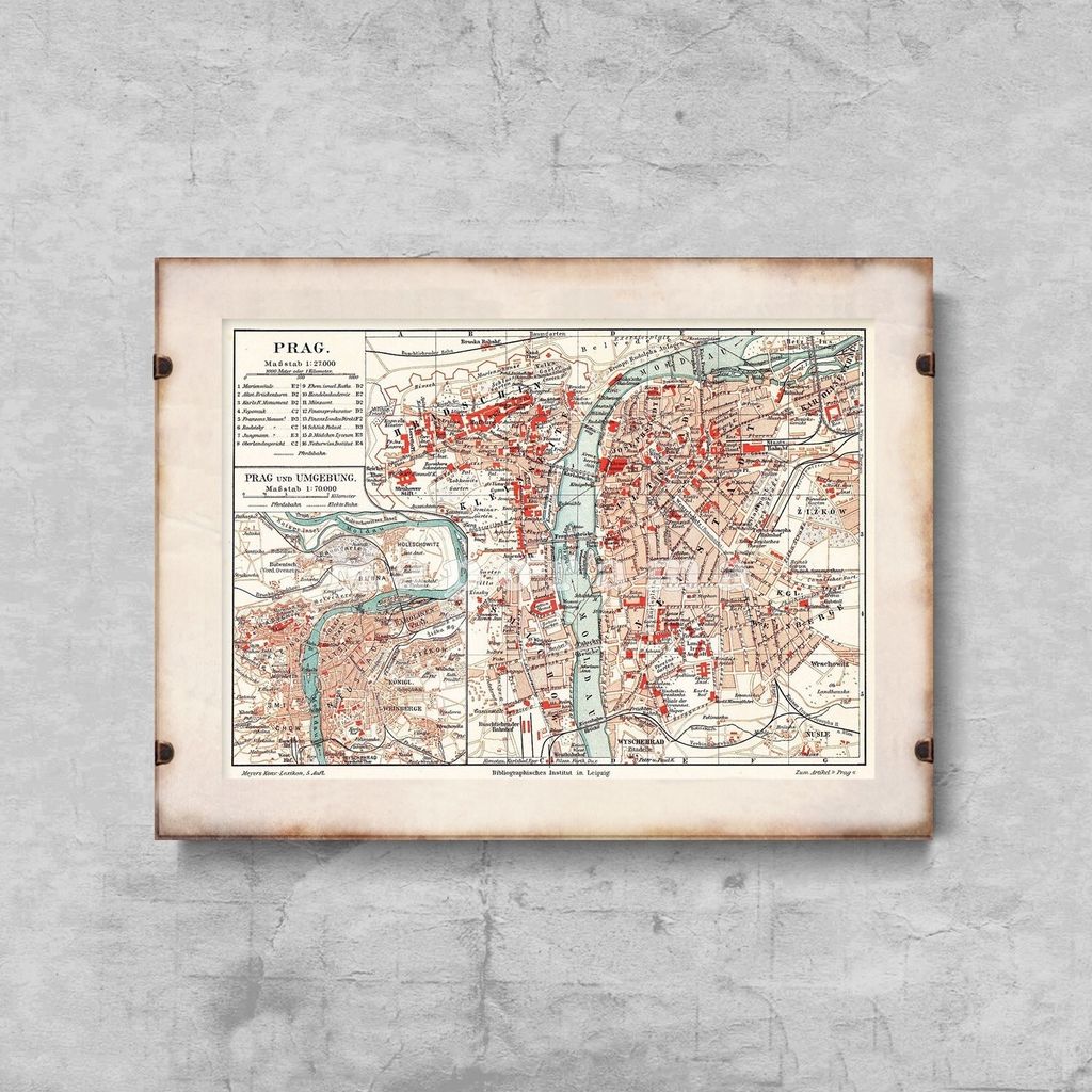 Poster - Canvas - Leinwand - 59,4 cm x 42 cm - Die alte Karte von Prag