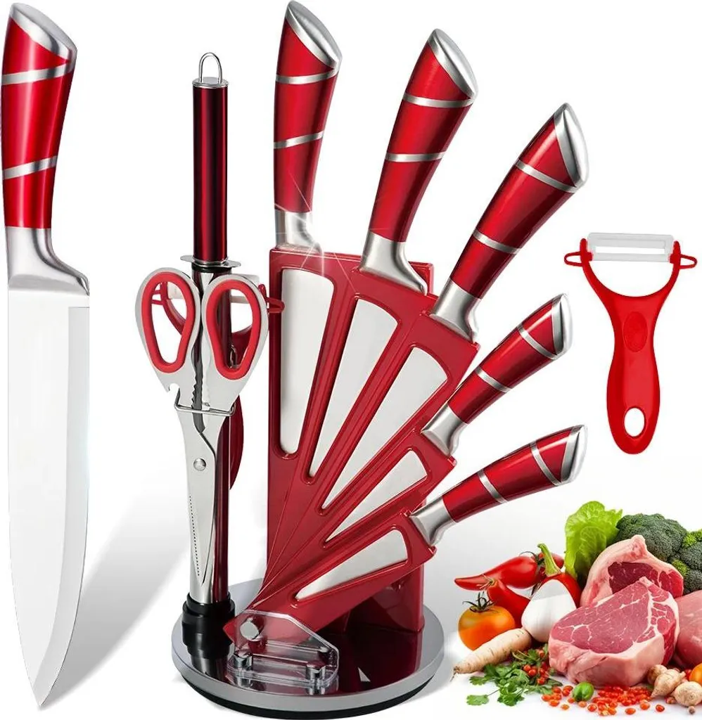 Set di coltelli da cucina, acciaio inossidabile ad alto tenore di carbonio, design ergonomico, rosso